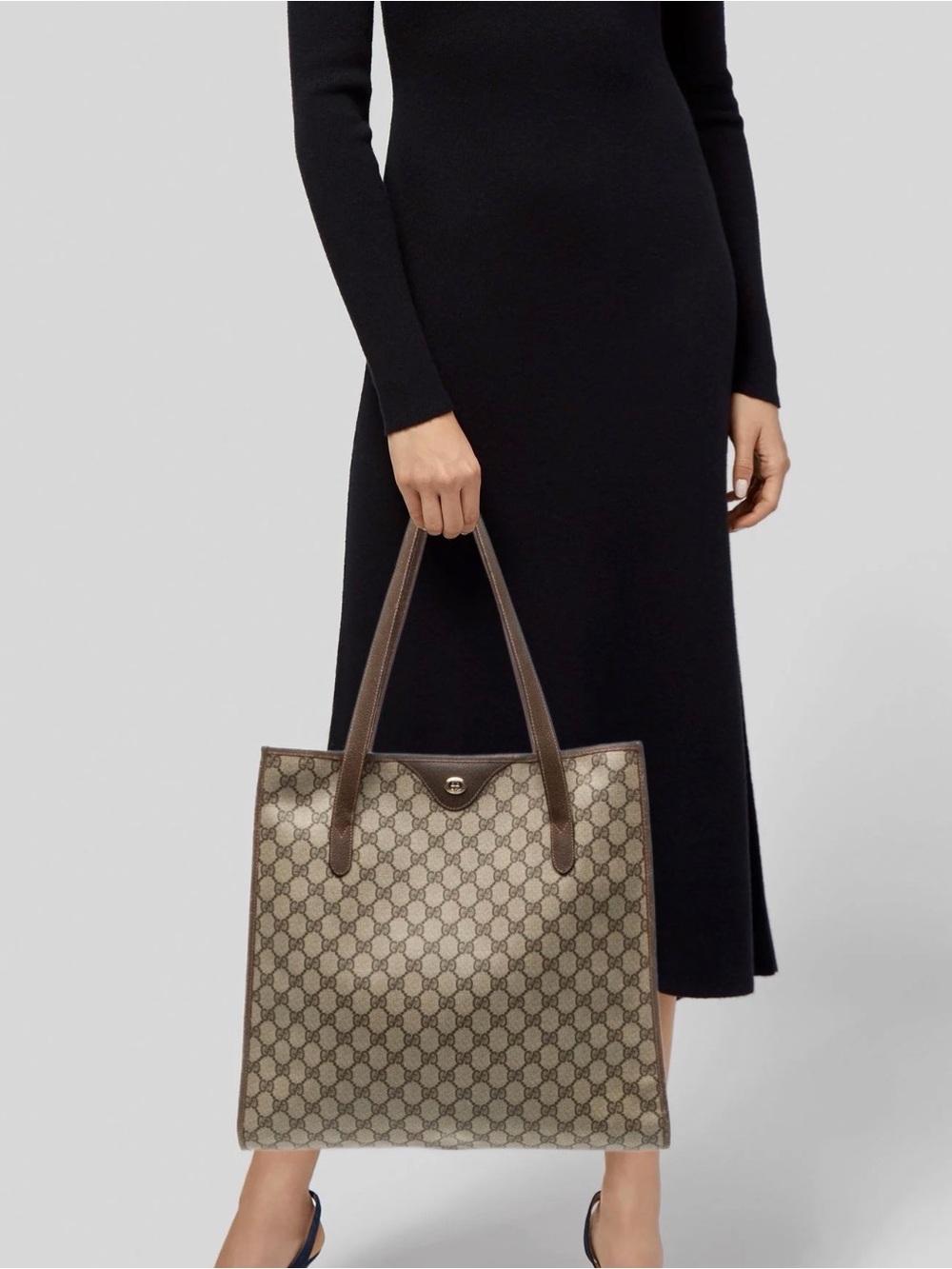 💓Gucci Brown & Beige GG Canvas Tote with Leather Trim